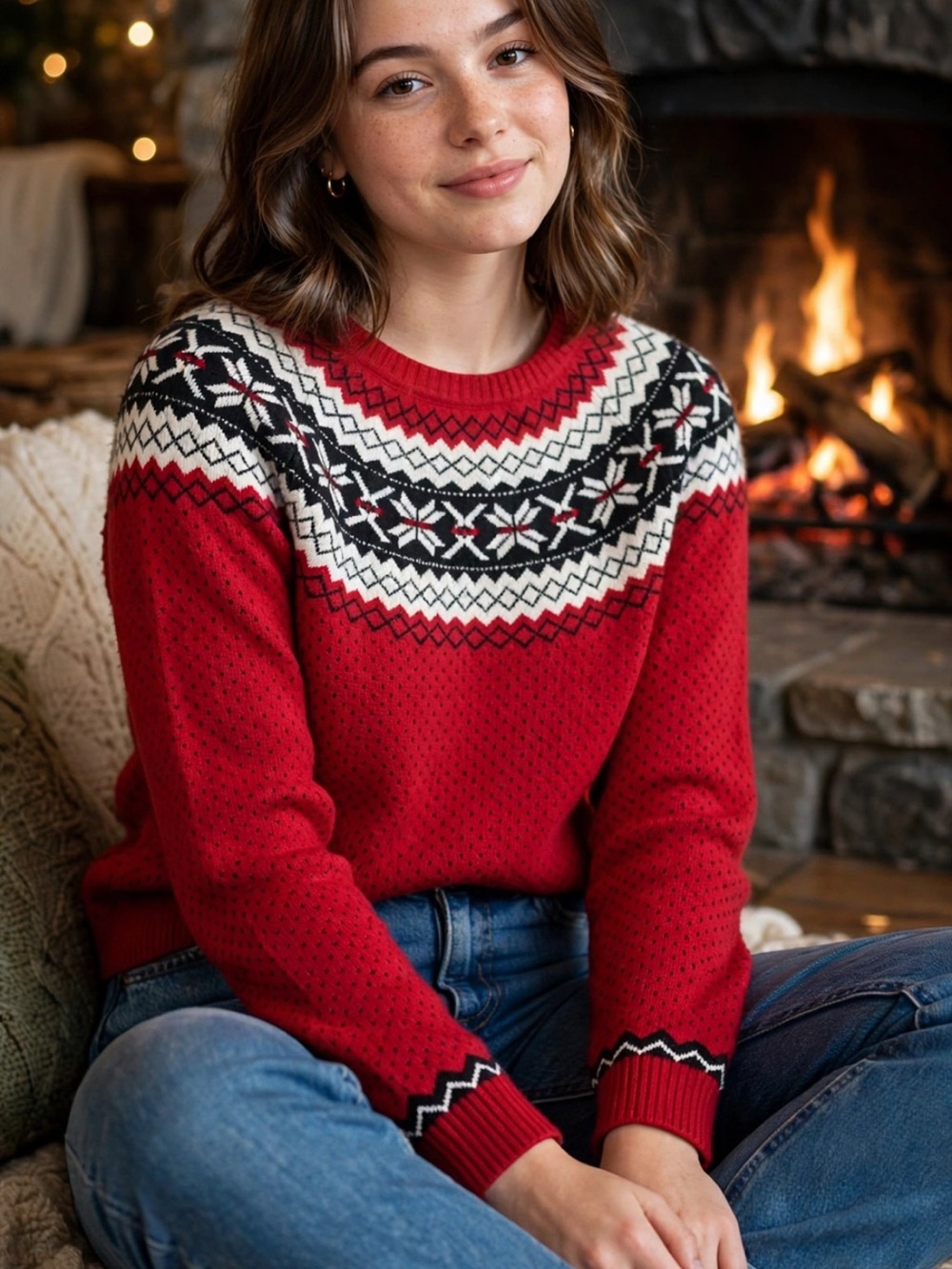 Talbots Red Fair Isle Crewneck Sweater with Black & Cream Pattern